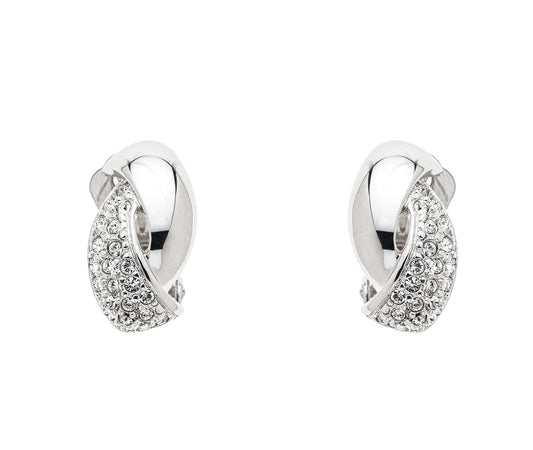 A pair of platinum crystal twist clip earrings with hand set pave crystals on a white background.