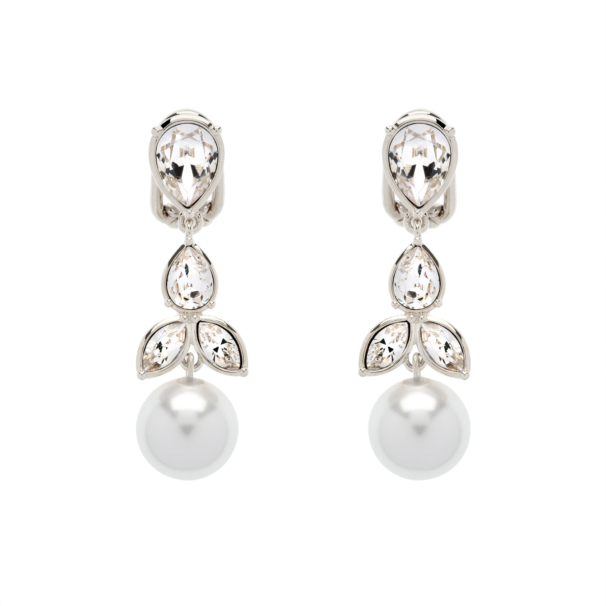 Pair of pearl and crystal drop earrings on a white background