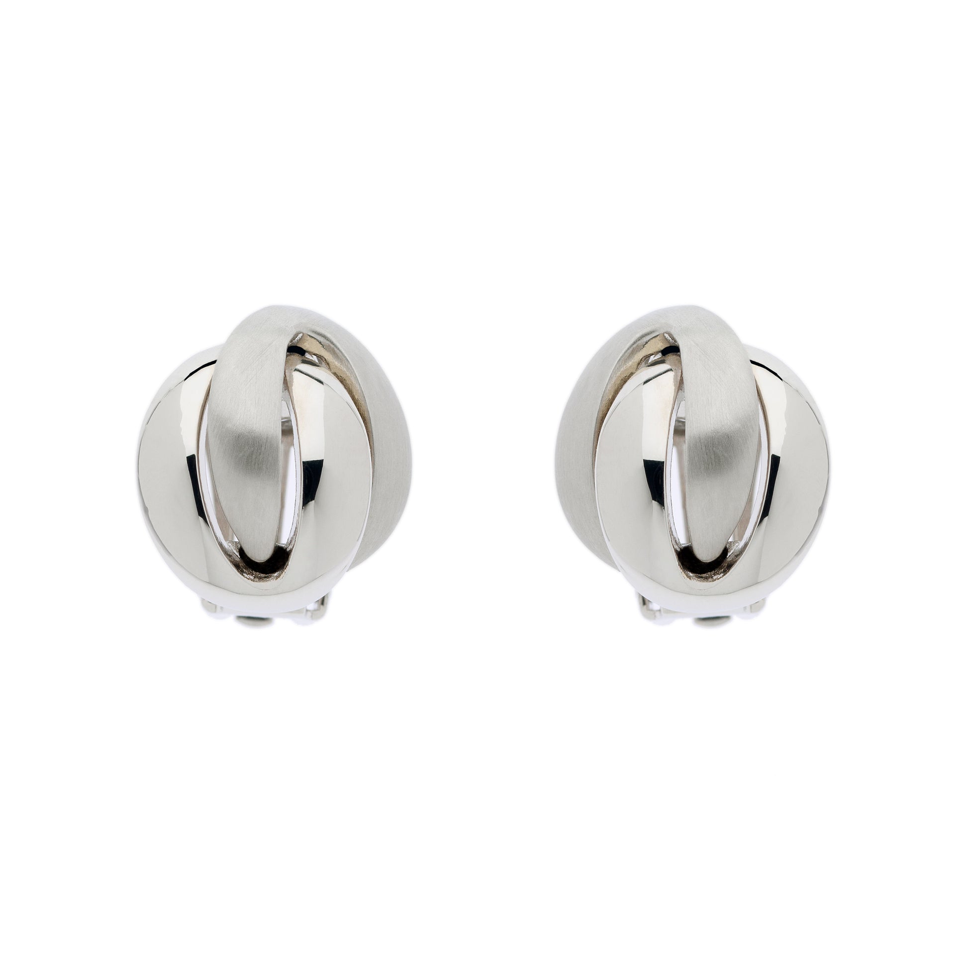 A pair of clip-on earrings with a knot design, featuring polished and satin platinum plating.