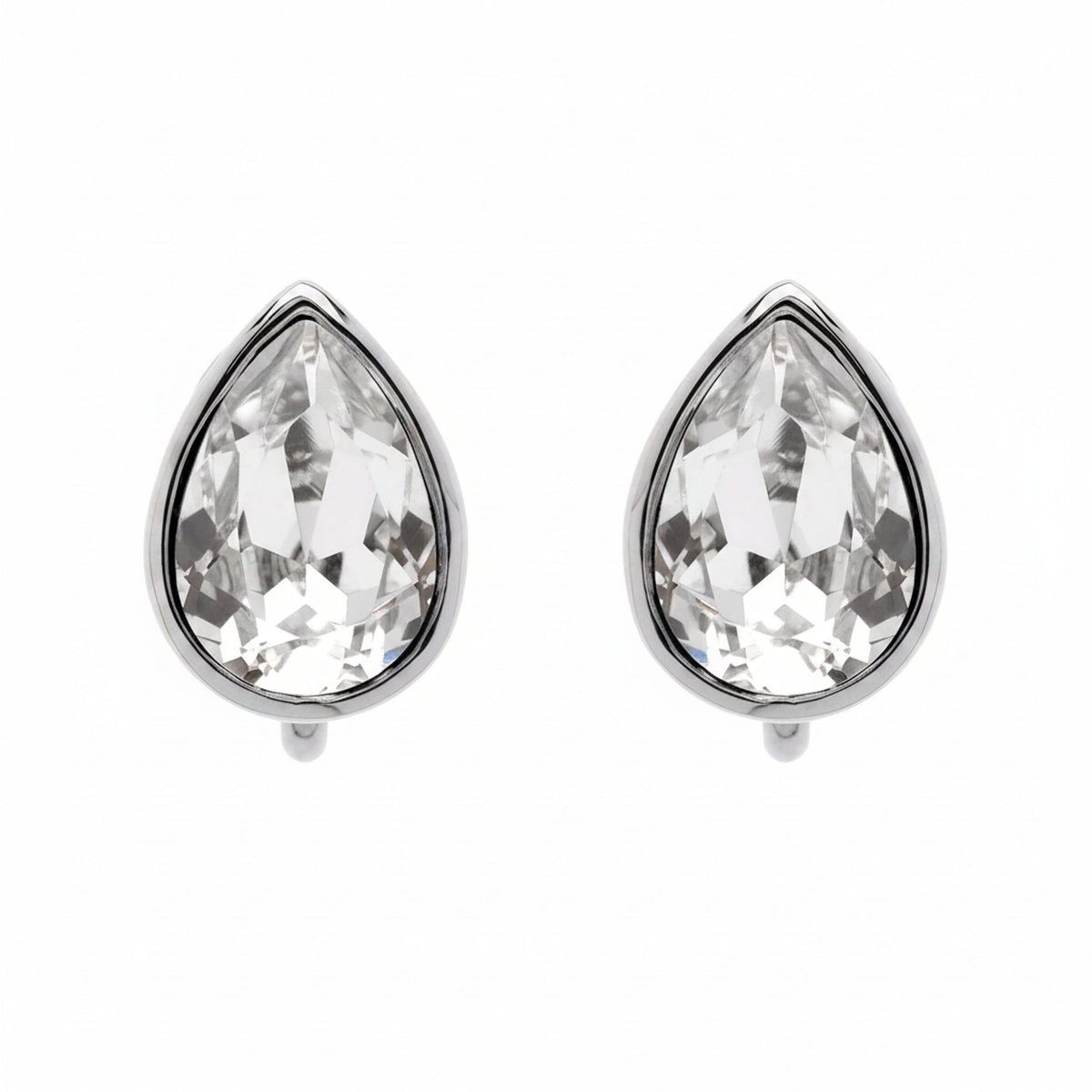 A pair of silver stud earrings featuring faceted teardrop-shaped clear gemstones in polished silver bezel settings, shown against a plain white background.