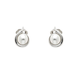 A pair of platinum-colored clip earrings with faux white pearls, presented against a white background.