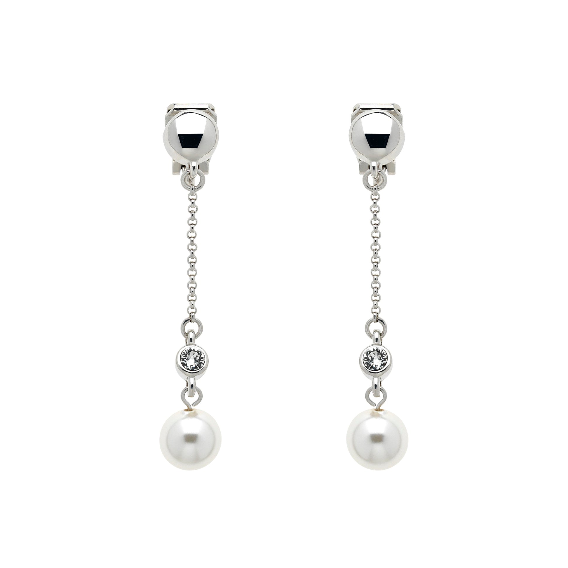 A pair of clip-on earrings featuring white pearls on a platinum chain with sparkling crystals.