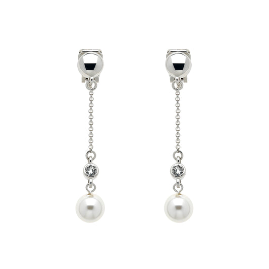 A pair of clip-on earrings featuring white pearls on a platinum chain with sparkling crystals.