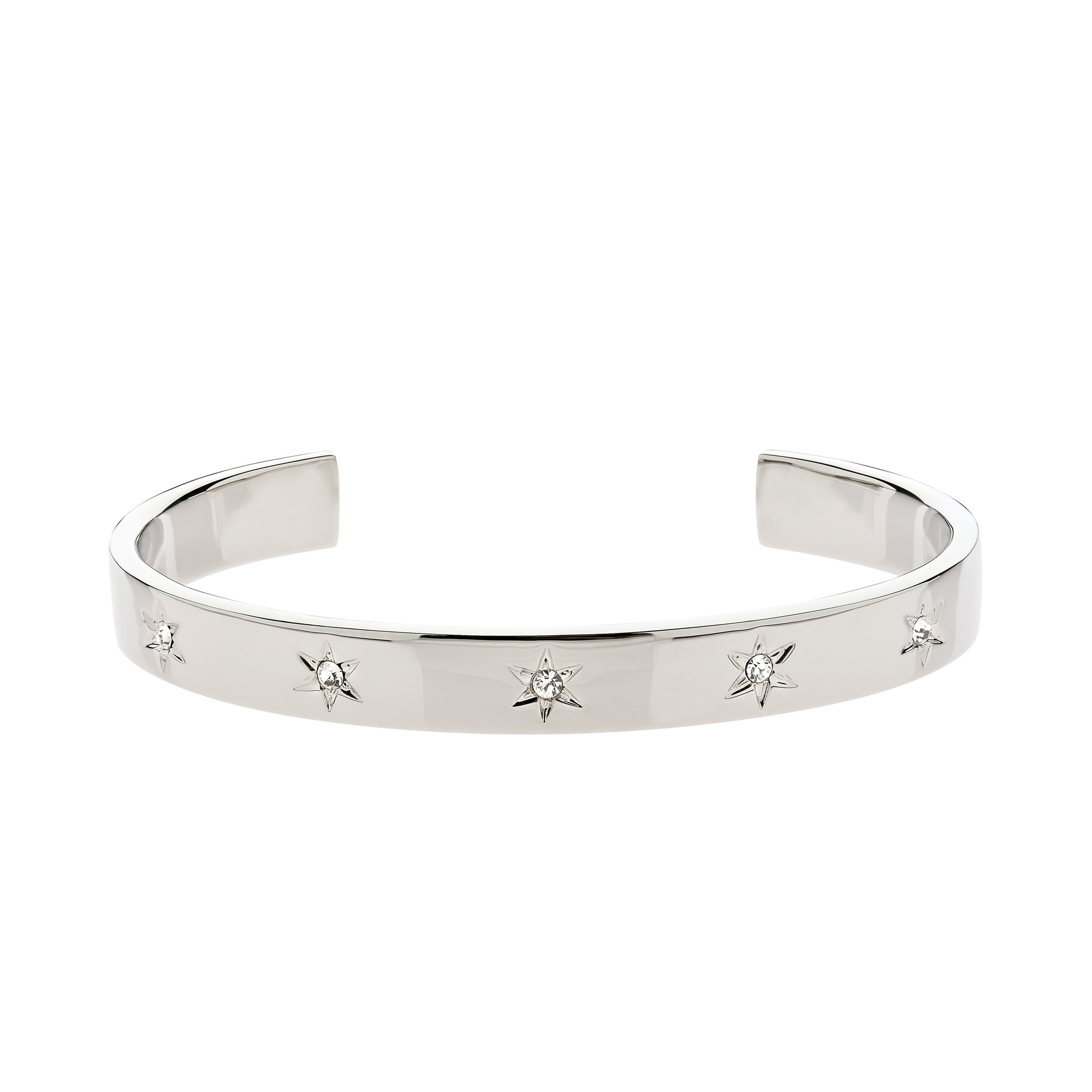 A platinum-plated cuff bracelet studded with sparkling crystal stars.