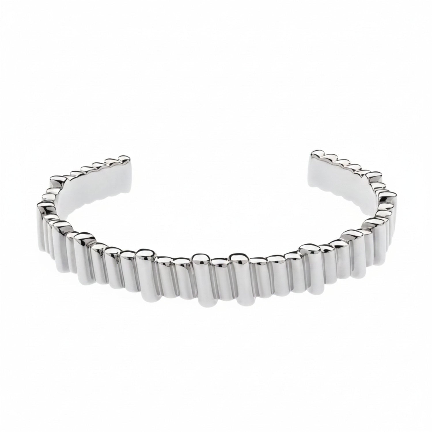 A polished silver cuff bracelet featuring a textured, segmented outer edge, displayed on a clean white background.