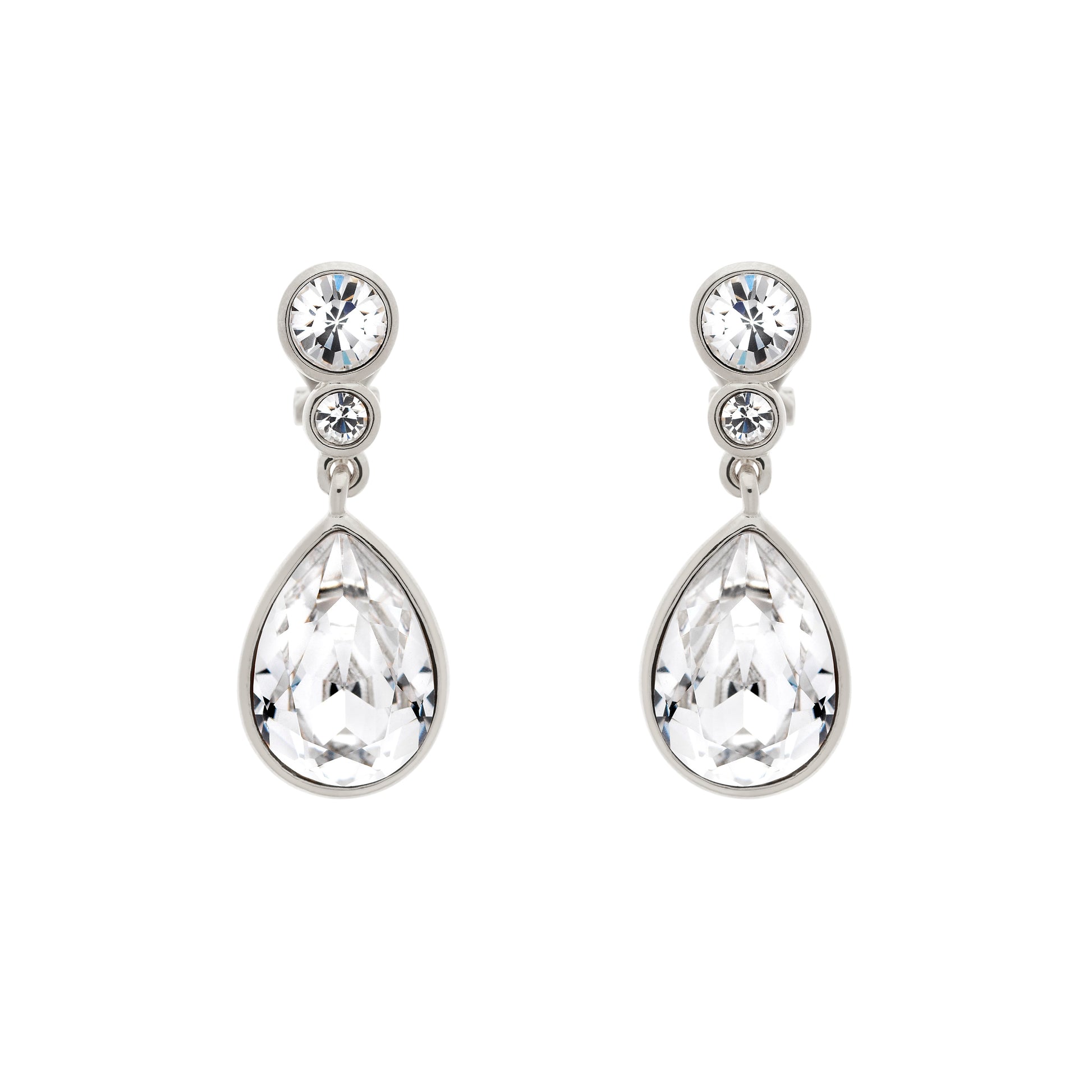 A pair of platinum crystal teardrop clip earrings featuring a series of pear-shaped crystals on a white background.