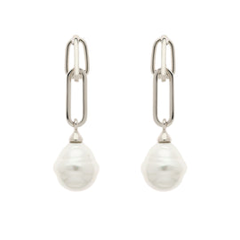 A pair of platinum clip earrings featuring baroque pearl drops.