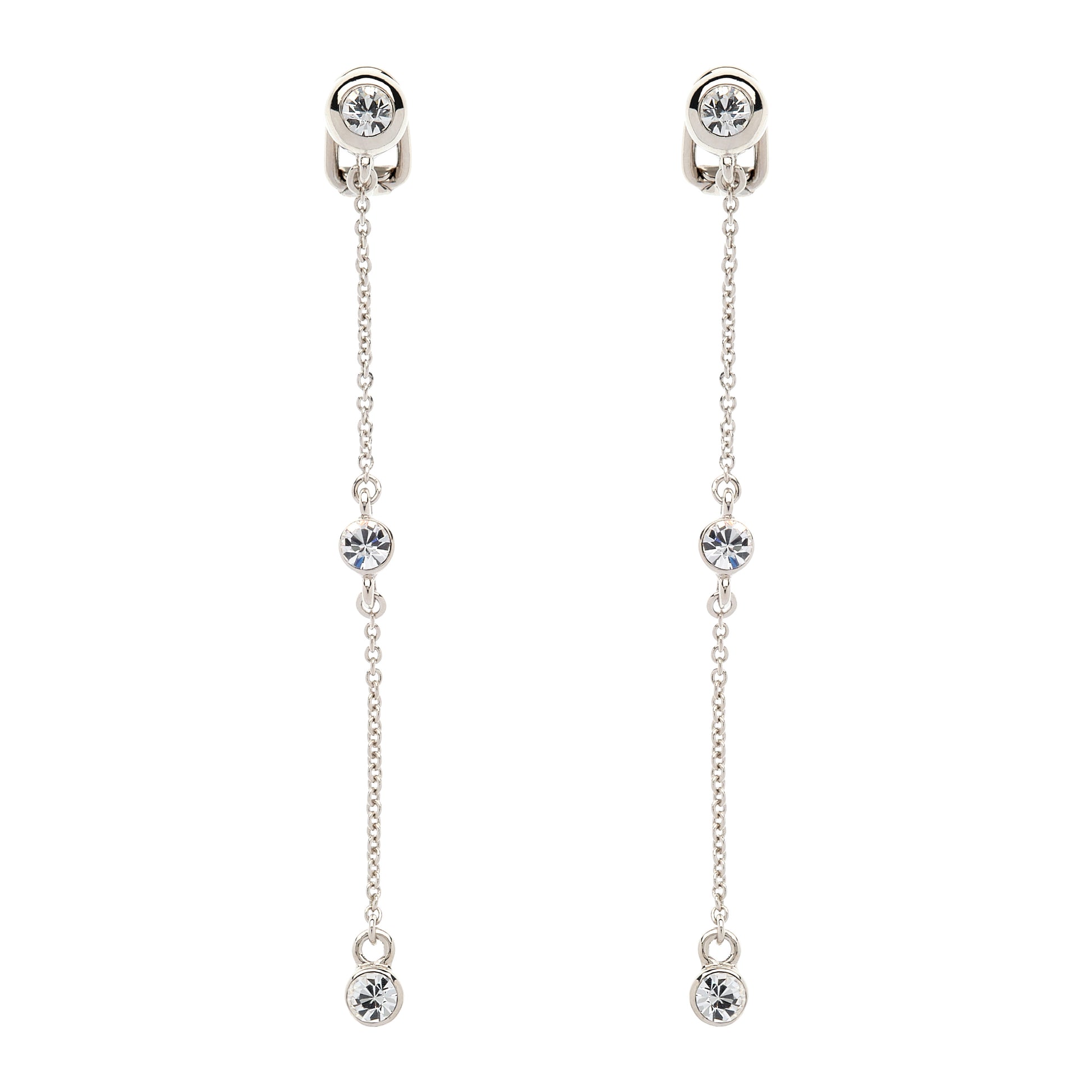Pair of silver chain earrings with small crystals on a white background