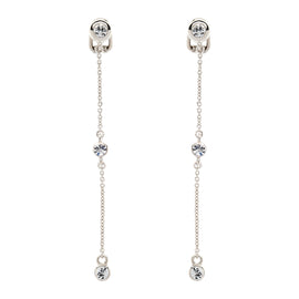 Pair of silver chain earrings with small crystals on a white background