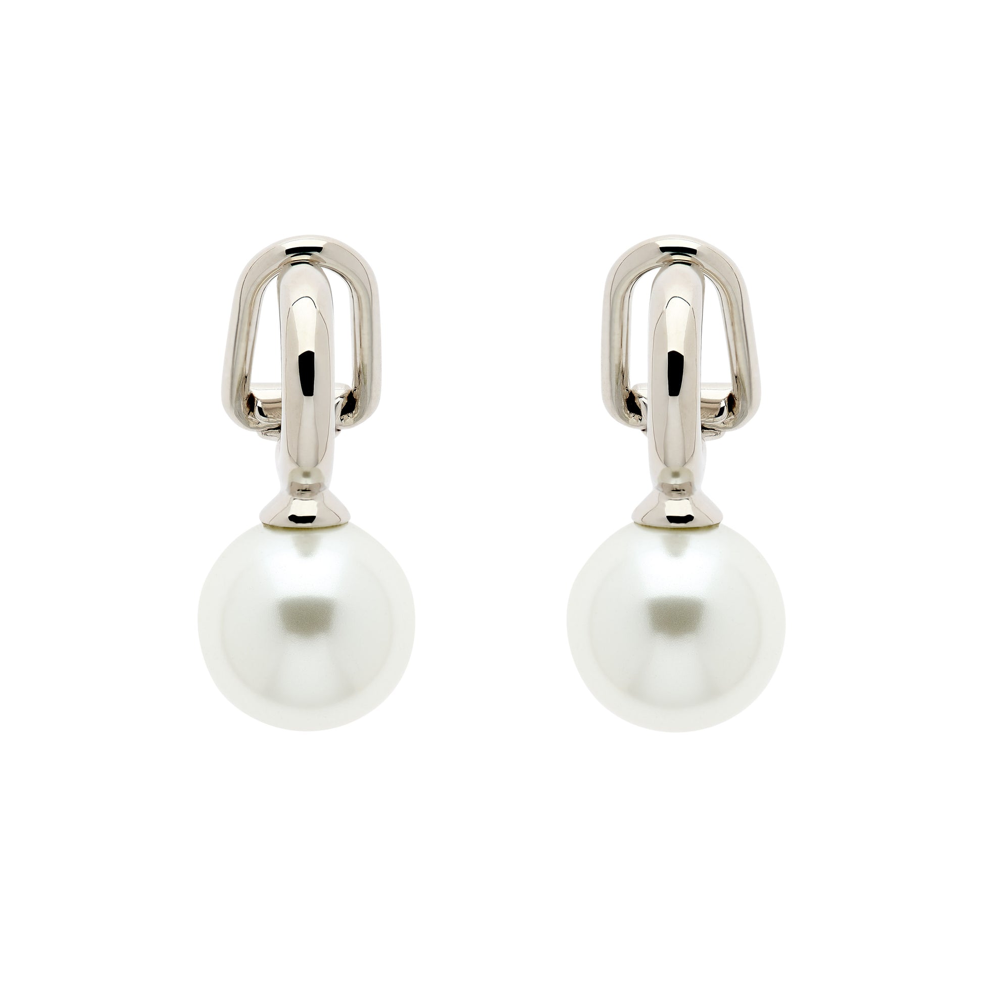 A pair of platinum plated hoop earrings with faux pearls attached, designed with a clip fastening.