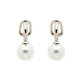 A pair of platinum plated hoop earrings with faux pearls attached, designed with a clip fastening.