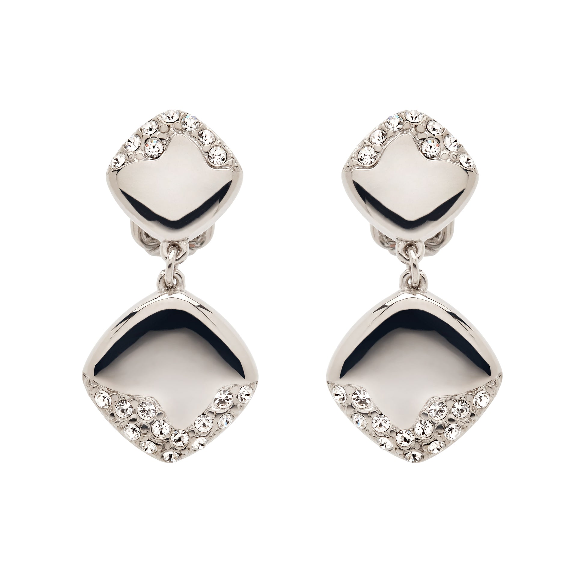 Pair of silver earrings with clear gemstones on a white background