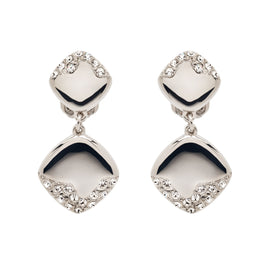 Pair of silver earrings with clear gemstones on a white background