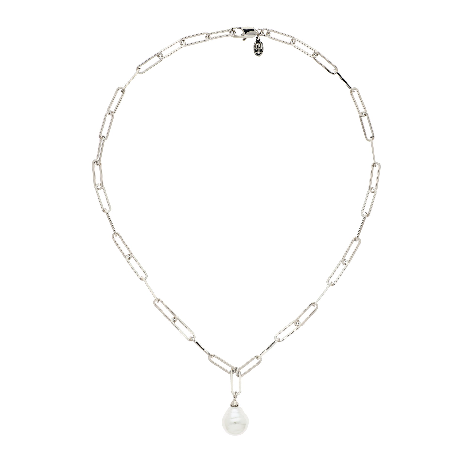 A platinum chain necklace with a baroque pearl drop, featuring a lobster clasp closure.