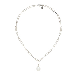 A platinum chain necklace with a baroque pearl drop, featuring a lobster clasp closure.