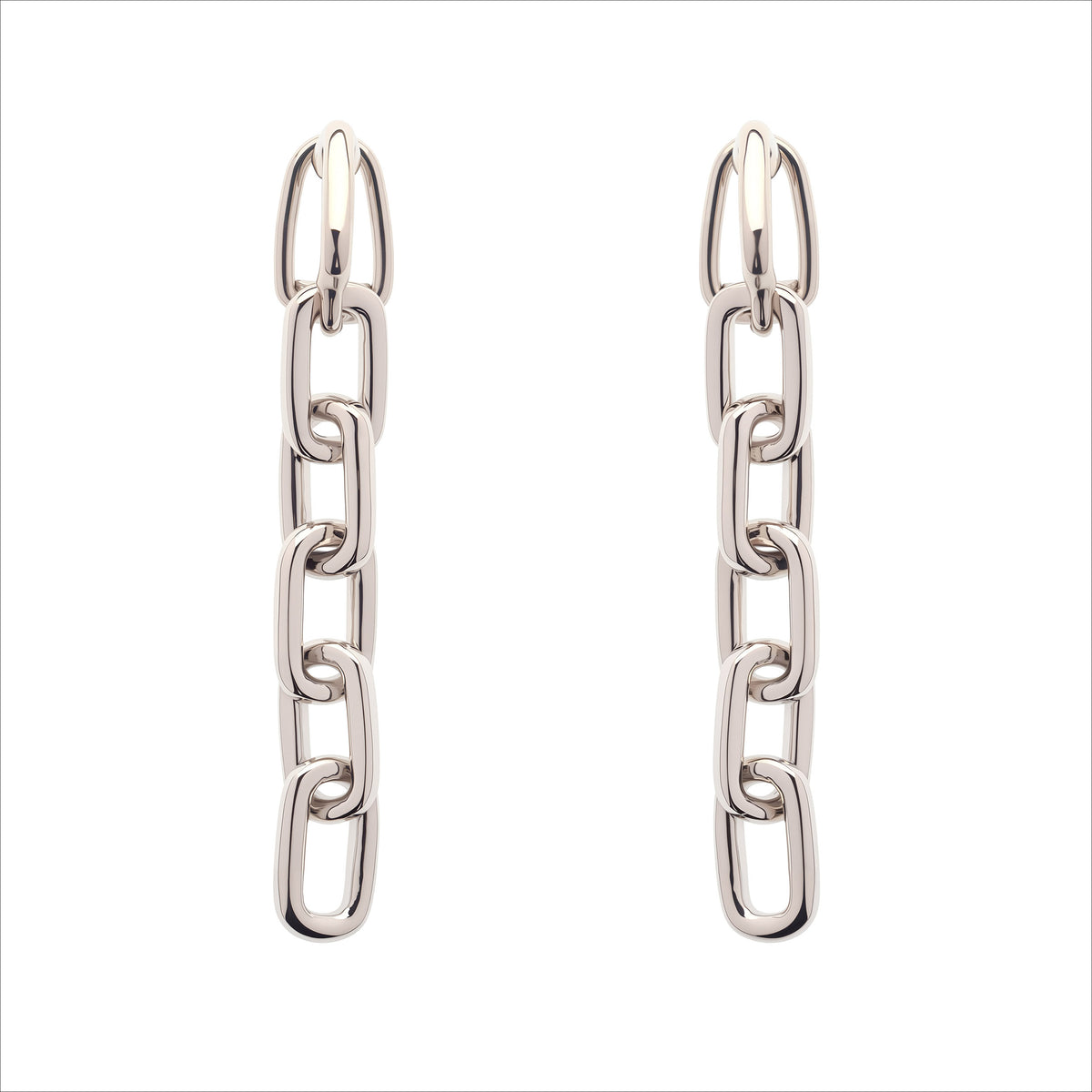 A pair of silver-toned drop earrings featuring a vertical chain-link design, shown against a plain white background.