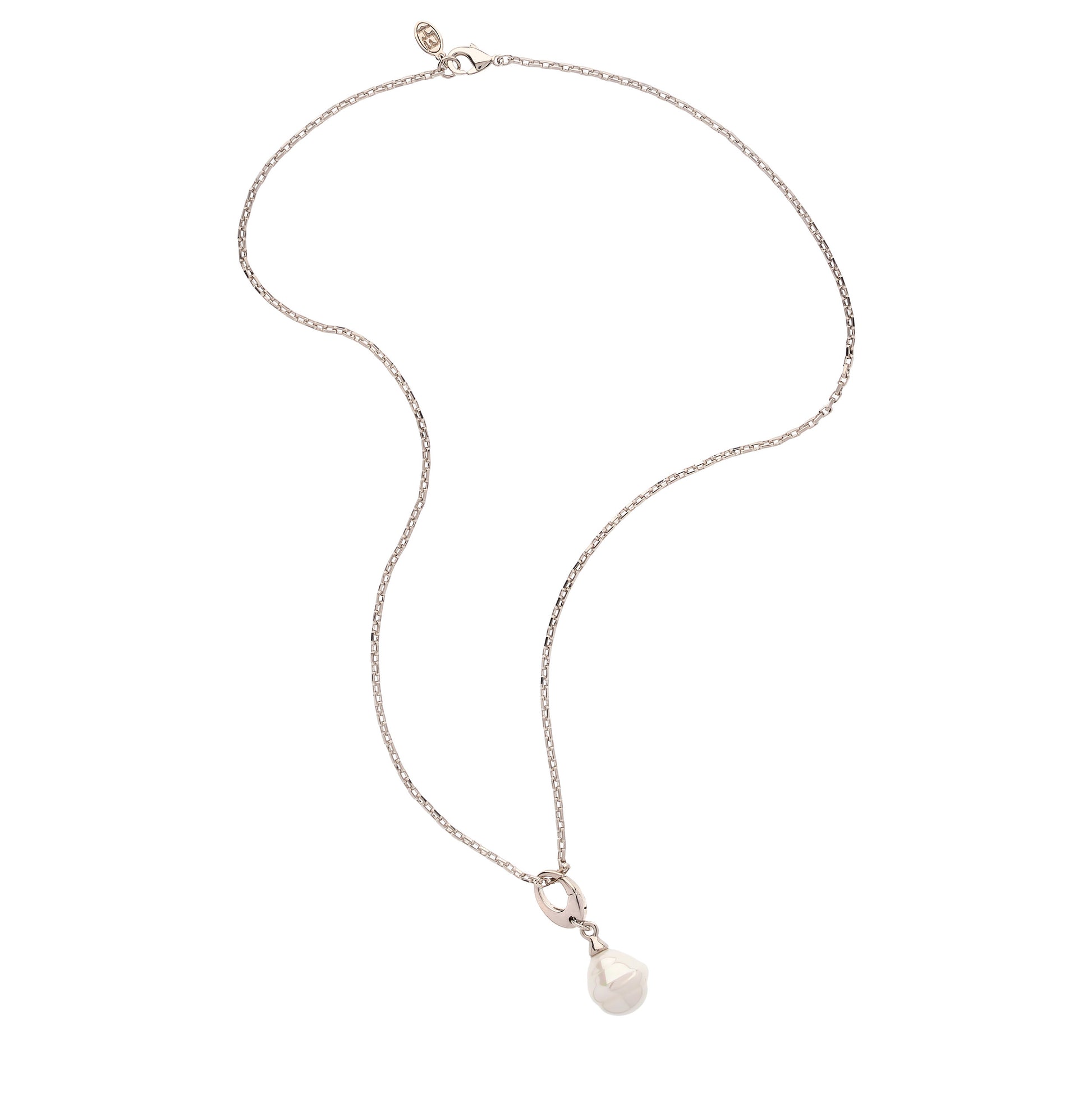A delicate silver chain necklace featuring a small white teardrop-shaped pendant, displayed against a solid white background.