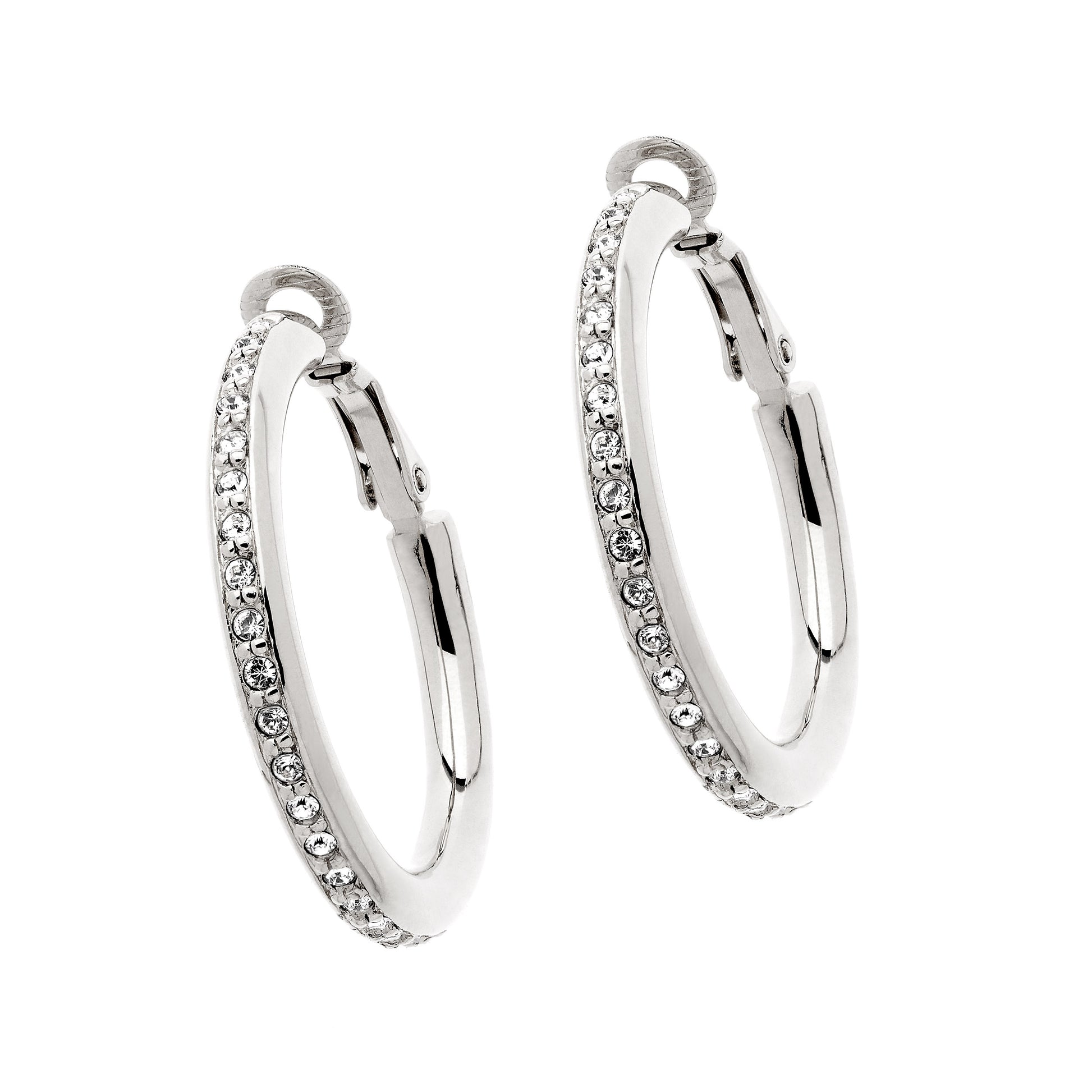 A pair of platinum plated hoop clip earrings set with sparkling crystals, viewed from the front against a white background.