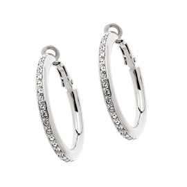 A pair of platinum plated hoop clip earrings set with sparkling crystals, viewed from the front against a white background.