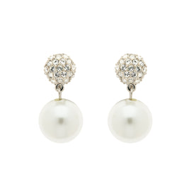 Pair of pearl earrings with crystal tops on a white background