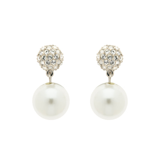 Pair of pearl earrings with crystal tops on a white background