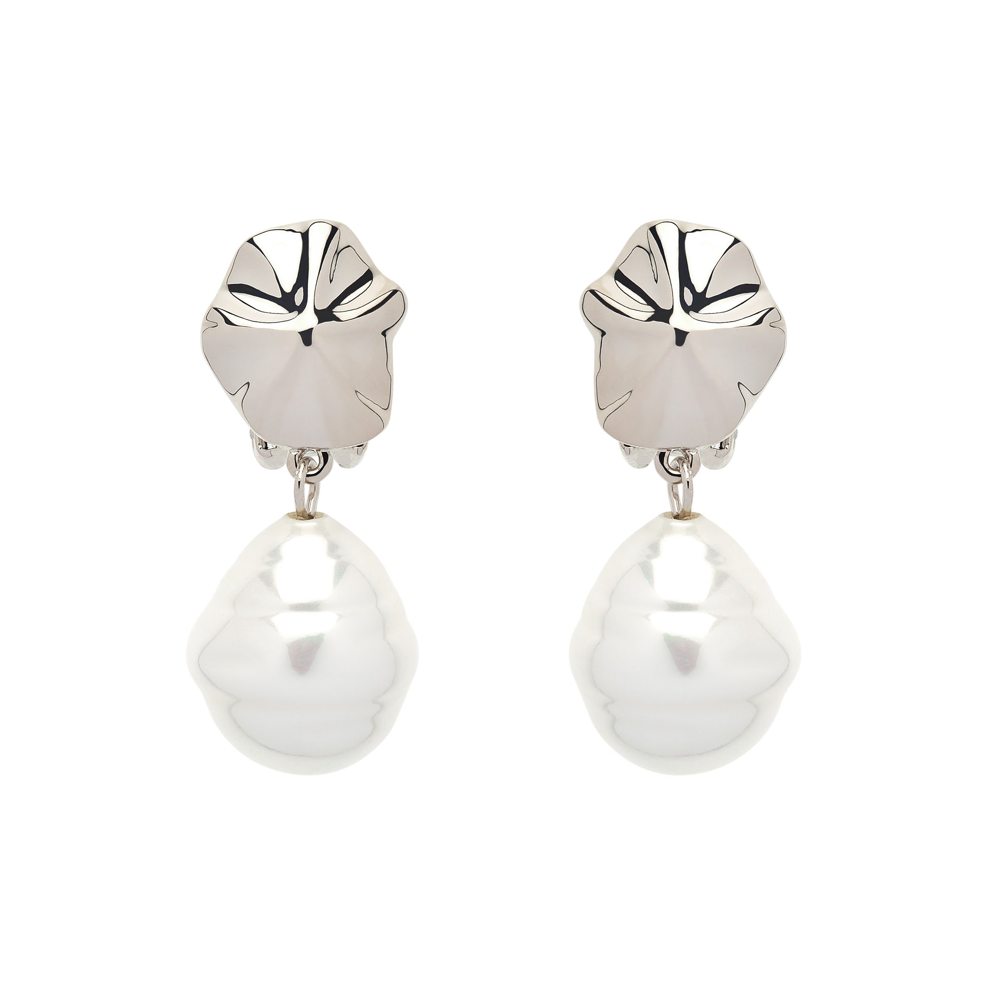 A pair of clip-on earrings featuring a platinum plated shell design with baroque pearls attached at the bottom.