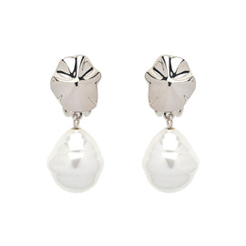 A pair of clip-on earrings featuring a platinum plated shell design with baroque pearls attached at the bottom.