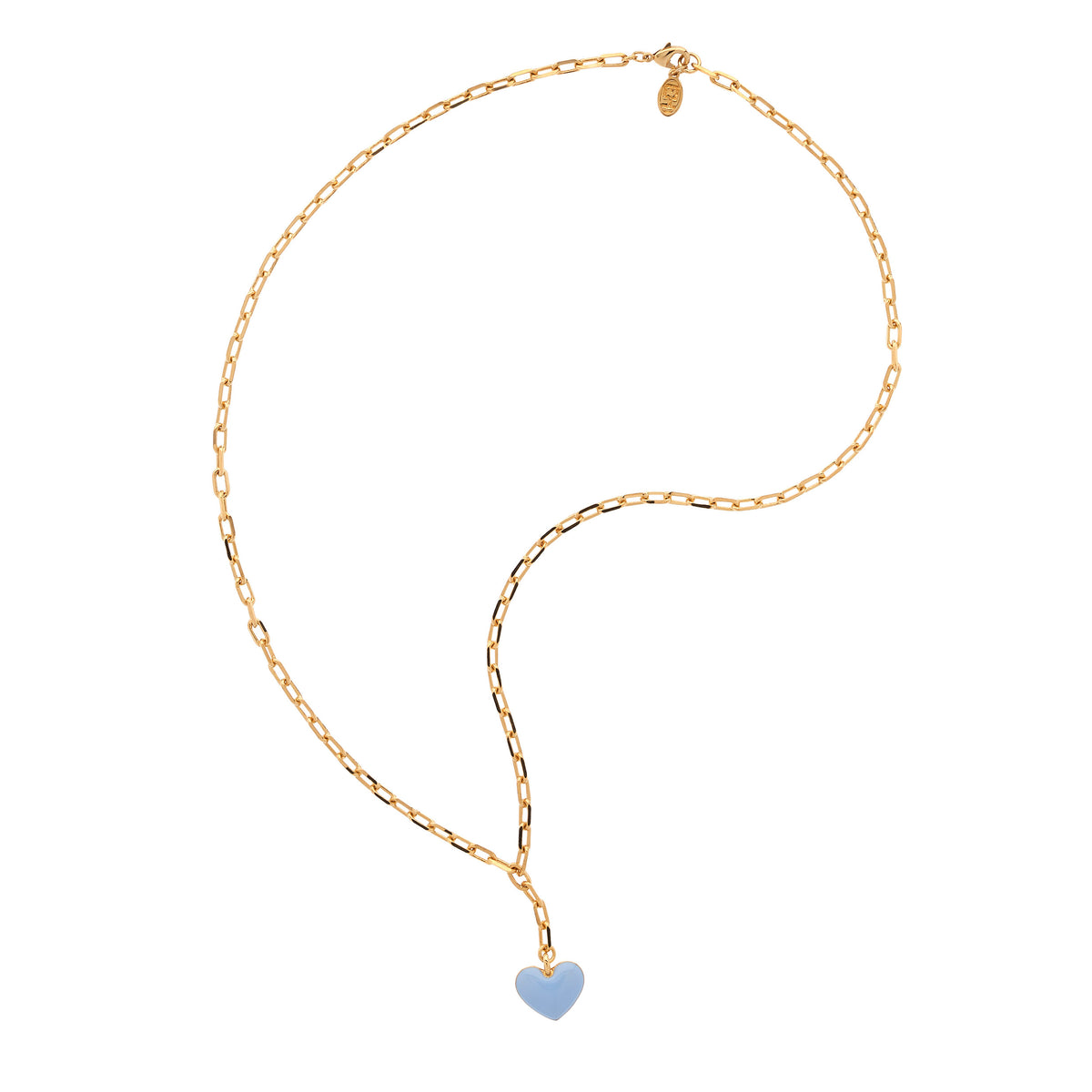 A delicate gold chain necklace with a small light blue heart-shaped pendant, displayed on a clean white background.