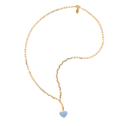 A delicate gold chain necklace with a small light blue heart-shaped pendant, displayed on a clean white background.