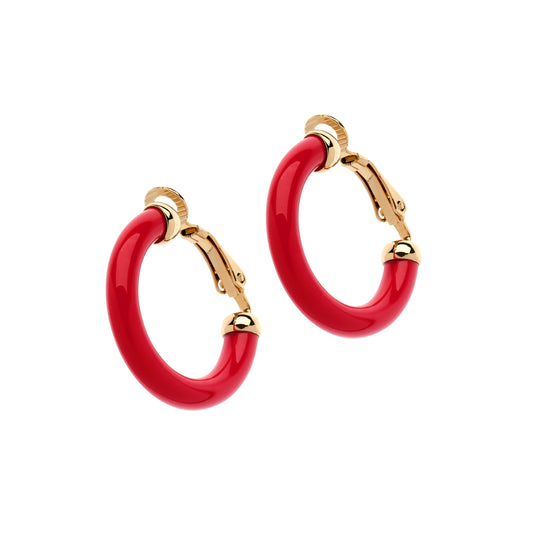 Red hoop earrings with gold accents on a white background