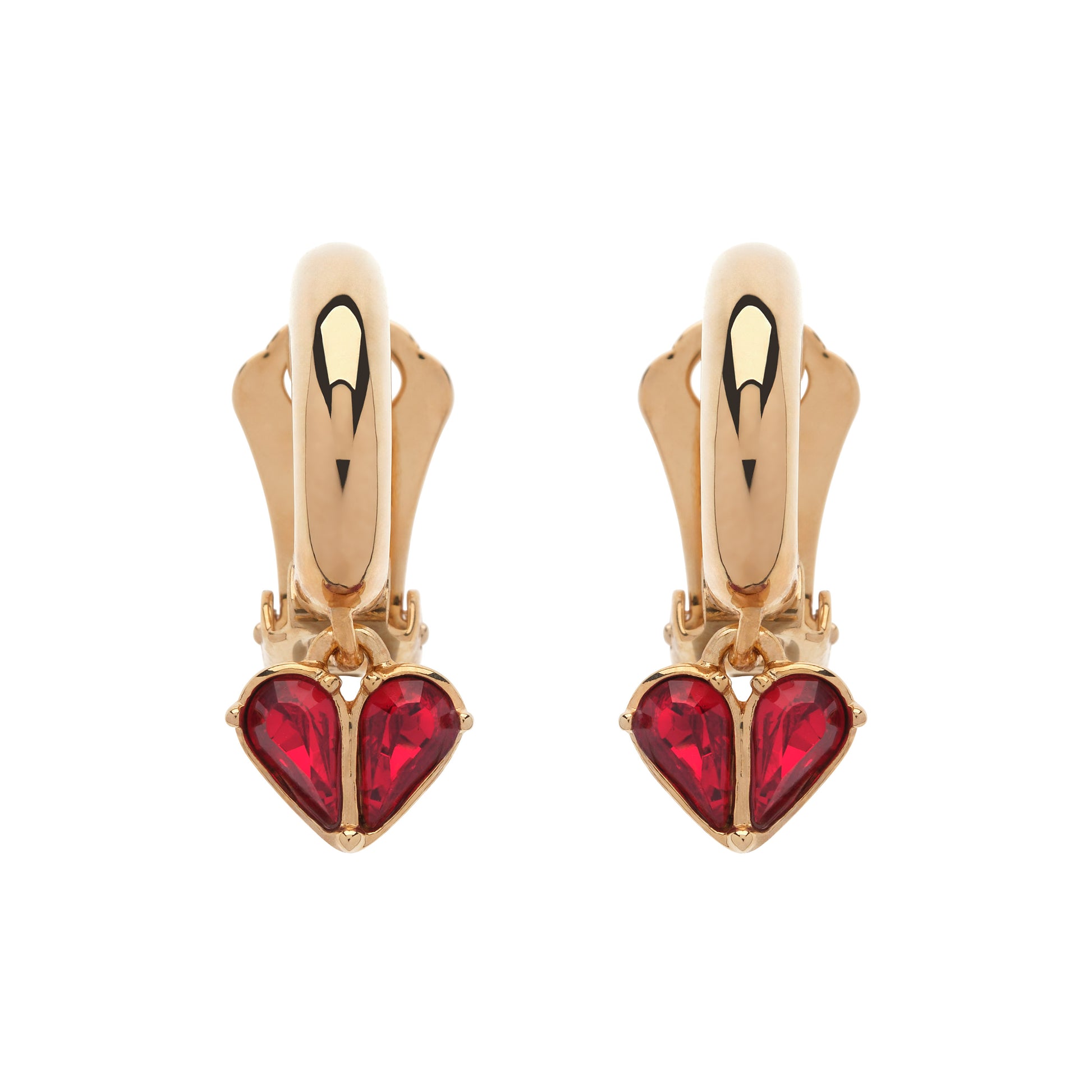 Gold heart-shaped earrings with red gemstones on a white background