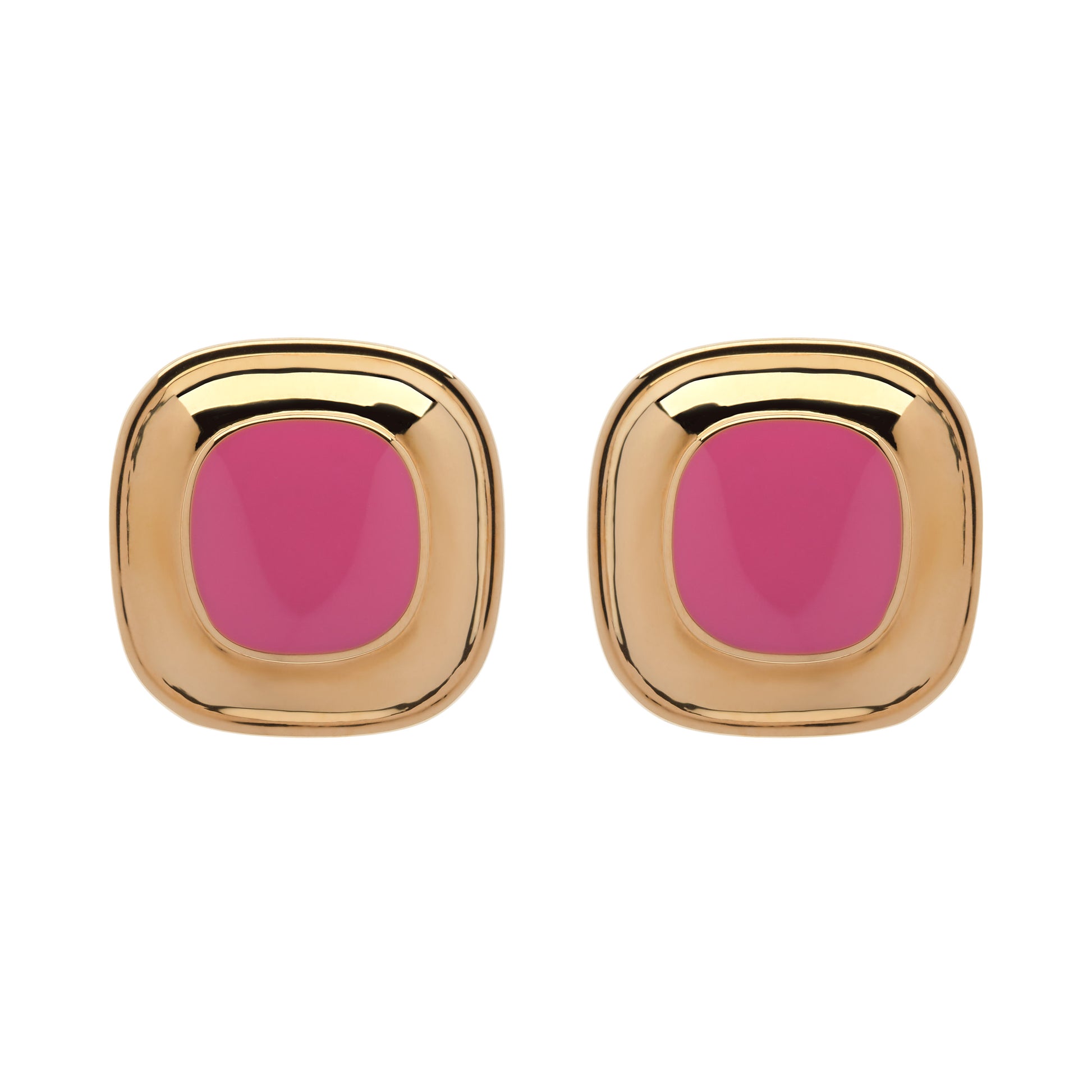 Gold earrings with pink stones on a white background