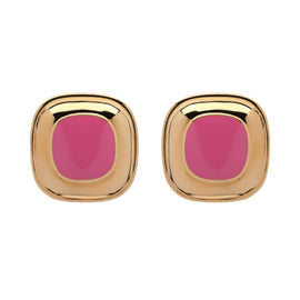Gold earrings with pink stones on a white background