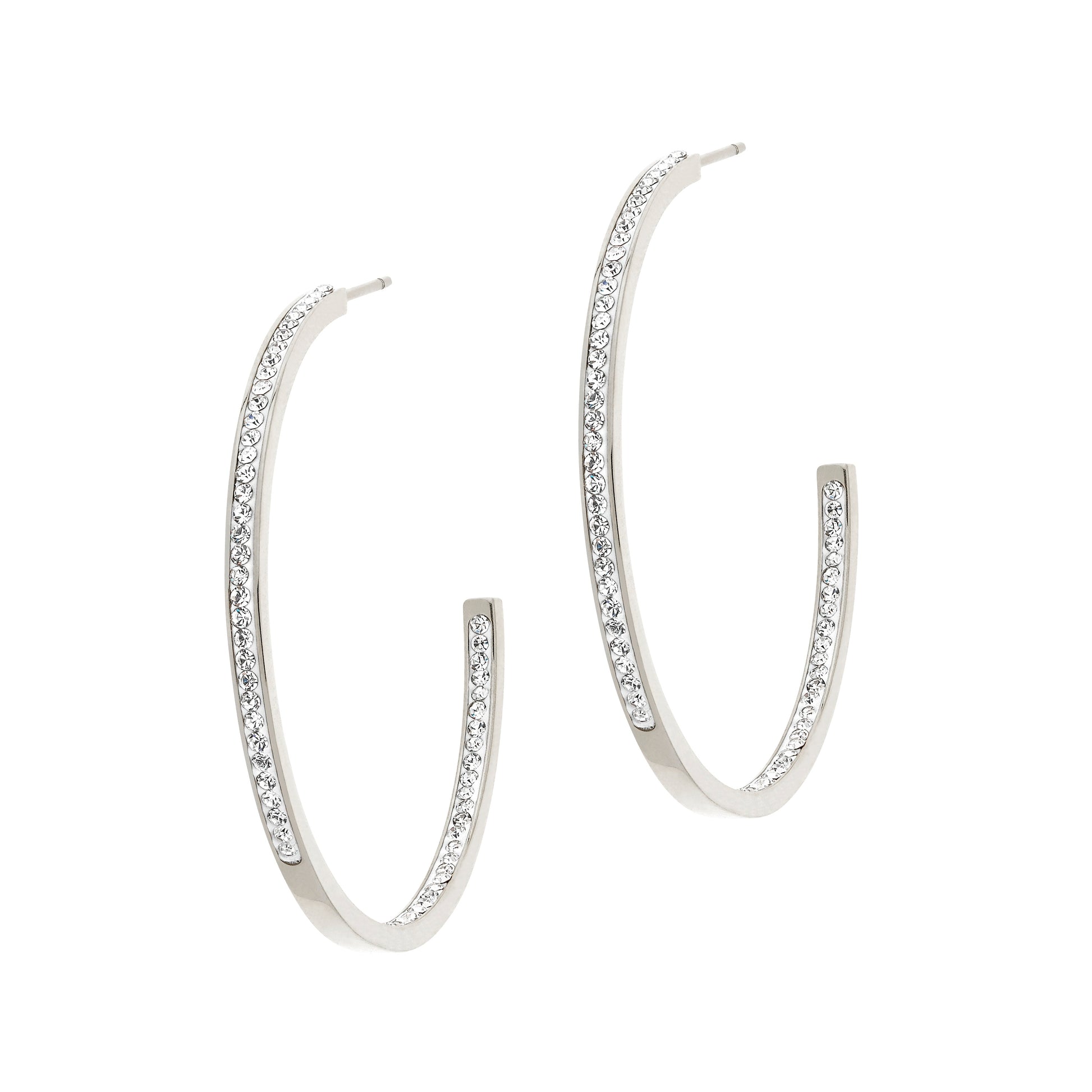 Silver hoop earrings with embedded stones on a white background