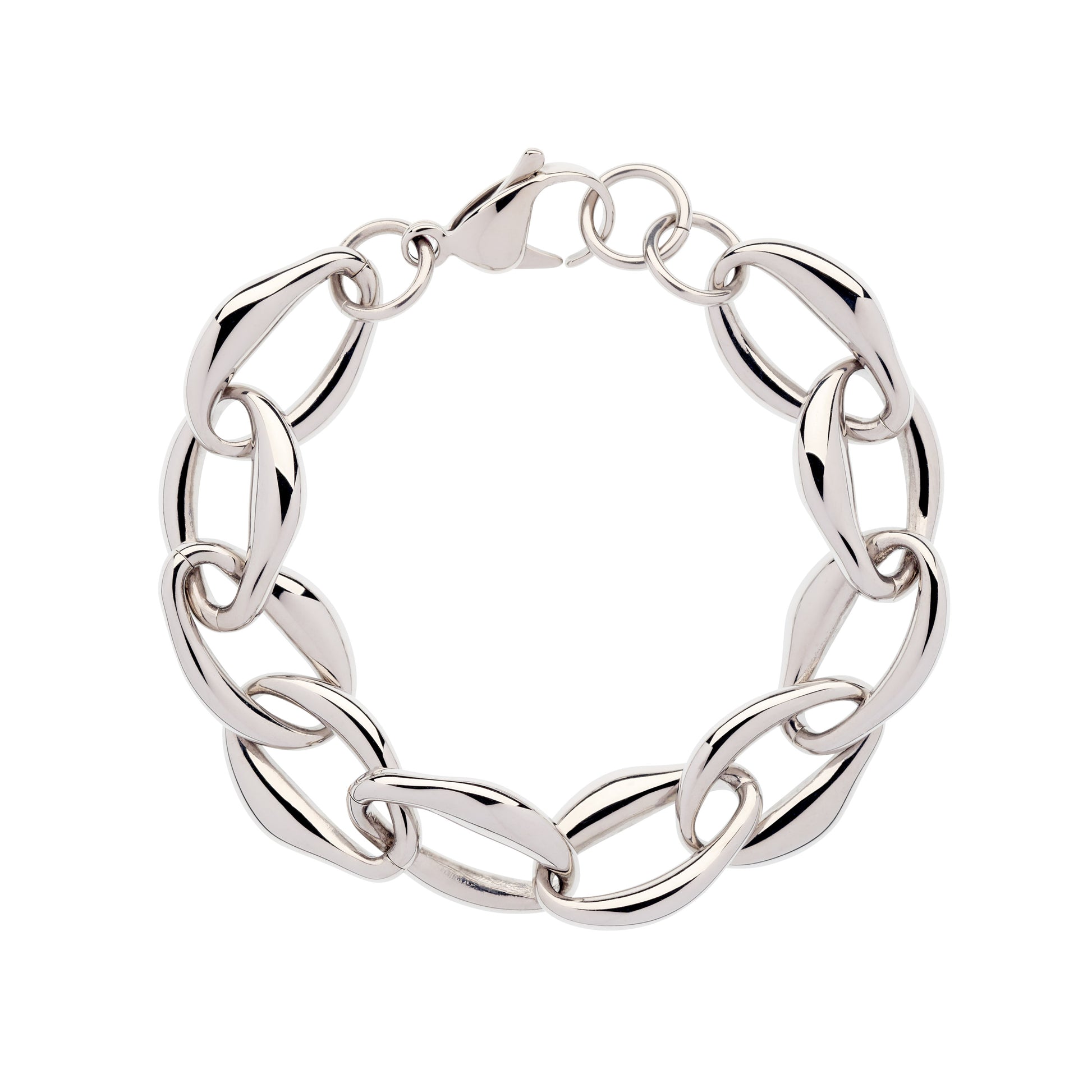 A polished silver-tone Cuban link bracelet with a lobster clasp, displayed on a clean white background.