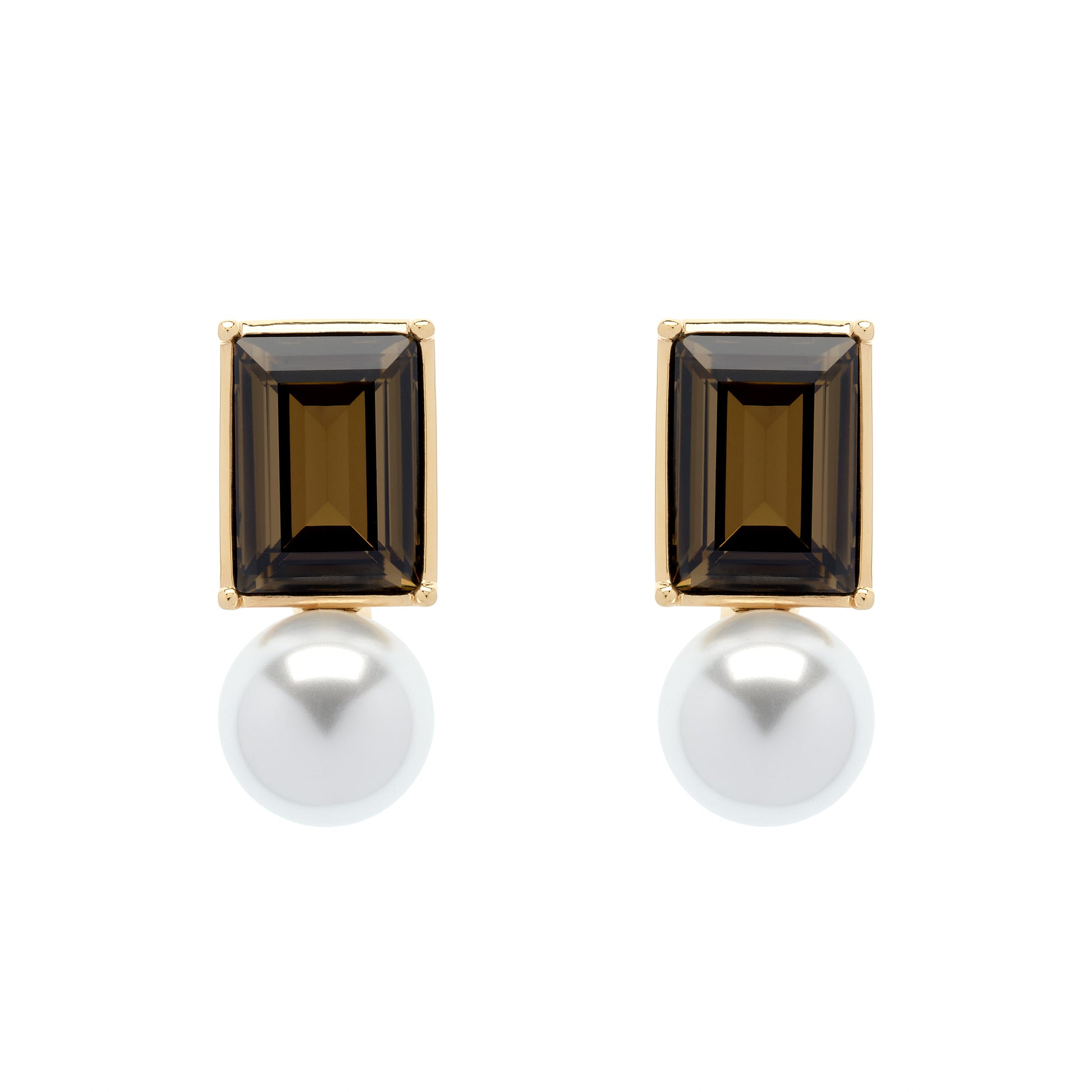 Pair of earrings with smoky green gemstones and pearl drops on a white background