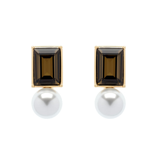 Pair of earrings with smoky green gemstones and pearl drops on a white background
