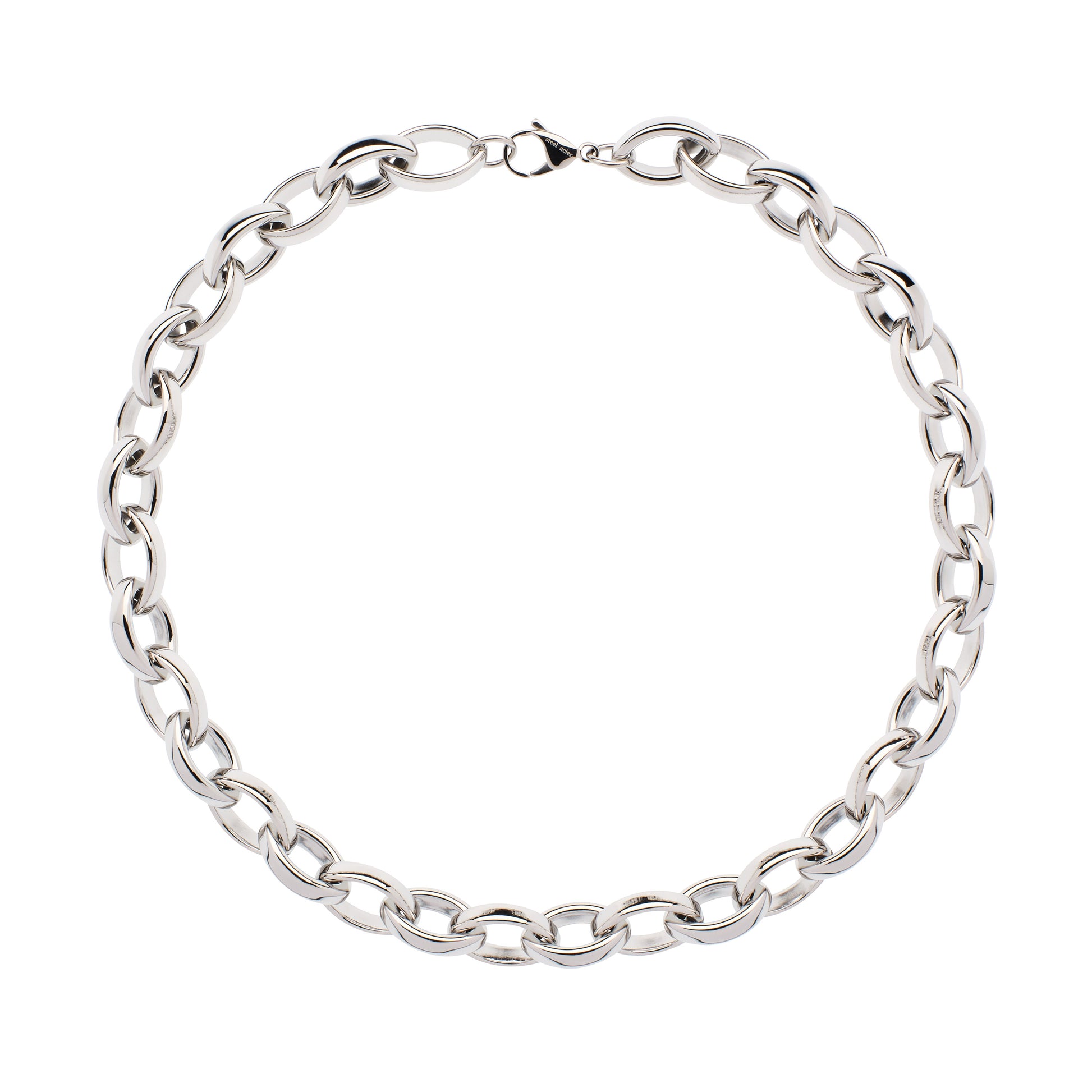 A polished silver-tone metal chain necklace with a lobster clasp, arranged in a circle on a plain white background.