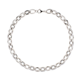A polished silver-tone metal chain necklace with a lobster clasp, arranged in a circle on a plain white background.