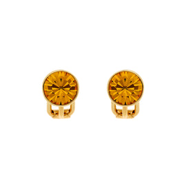 A pair of gold-colored stud clip earrings with topaz crystal embellishments.