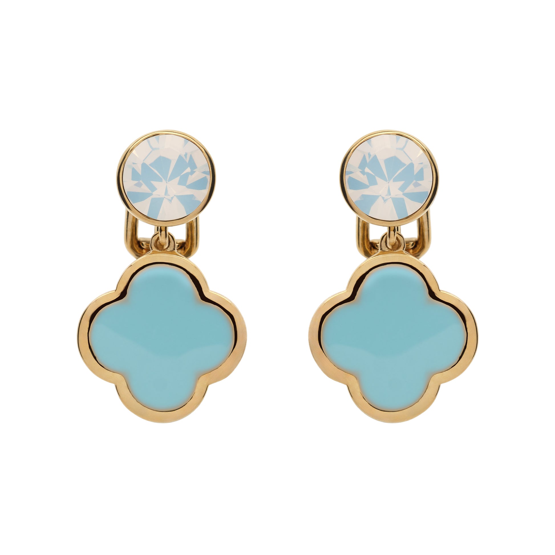 Pair of earrings with gold frames and blue clover-shaped drops on a white background