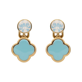 Pair of earrings with gold frames and blue clover-shaped drops on a white background