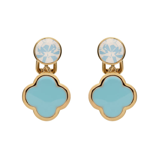 Pair of earrings with gold frames and blue clover-shaped drops on a white background