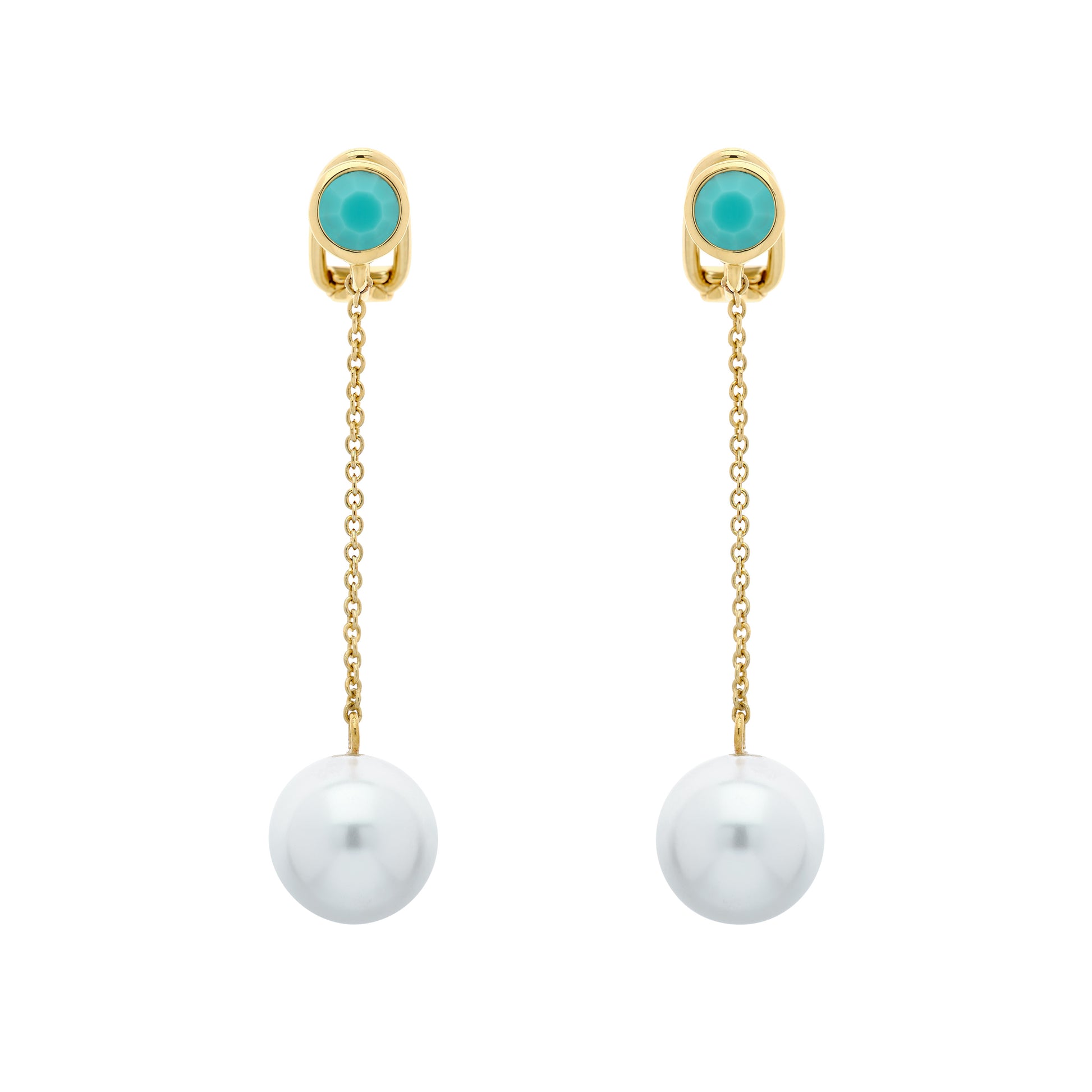 A pair of clip earrings featuring gold chains, turquoise studs, and pearl drops