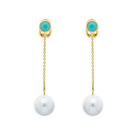 A pair of clip earrings featuring gold chains, turquoise studs, and pearl drops
