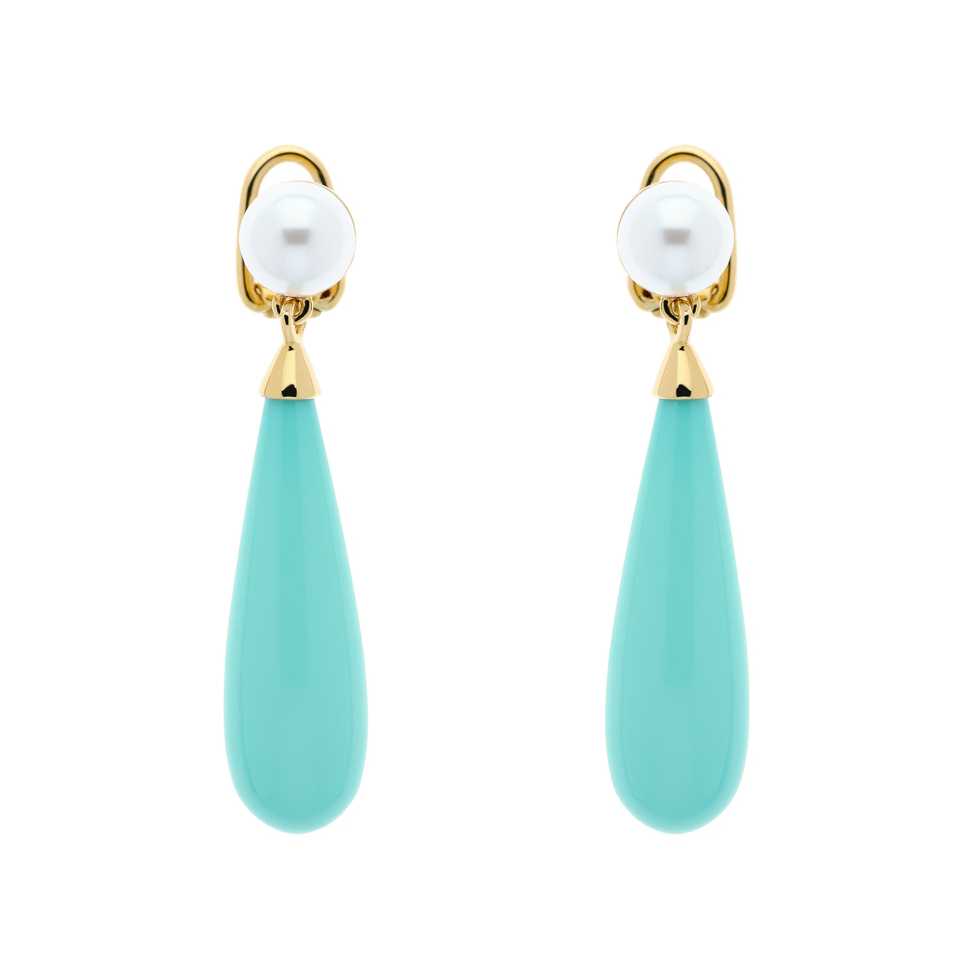A pair of gold-plated clip-on earrings featuring a pearl at the top with a turquoise teardrop resin drop, against a white background.