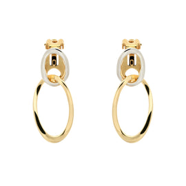 A pair of clip-on earrings featuring a double hoop design with platinum and gold plating.