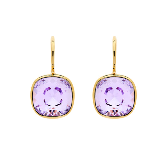 Gold earrings with purple gemstones on a white background