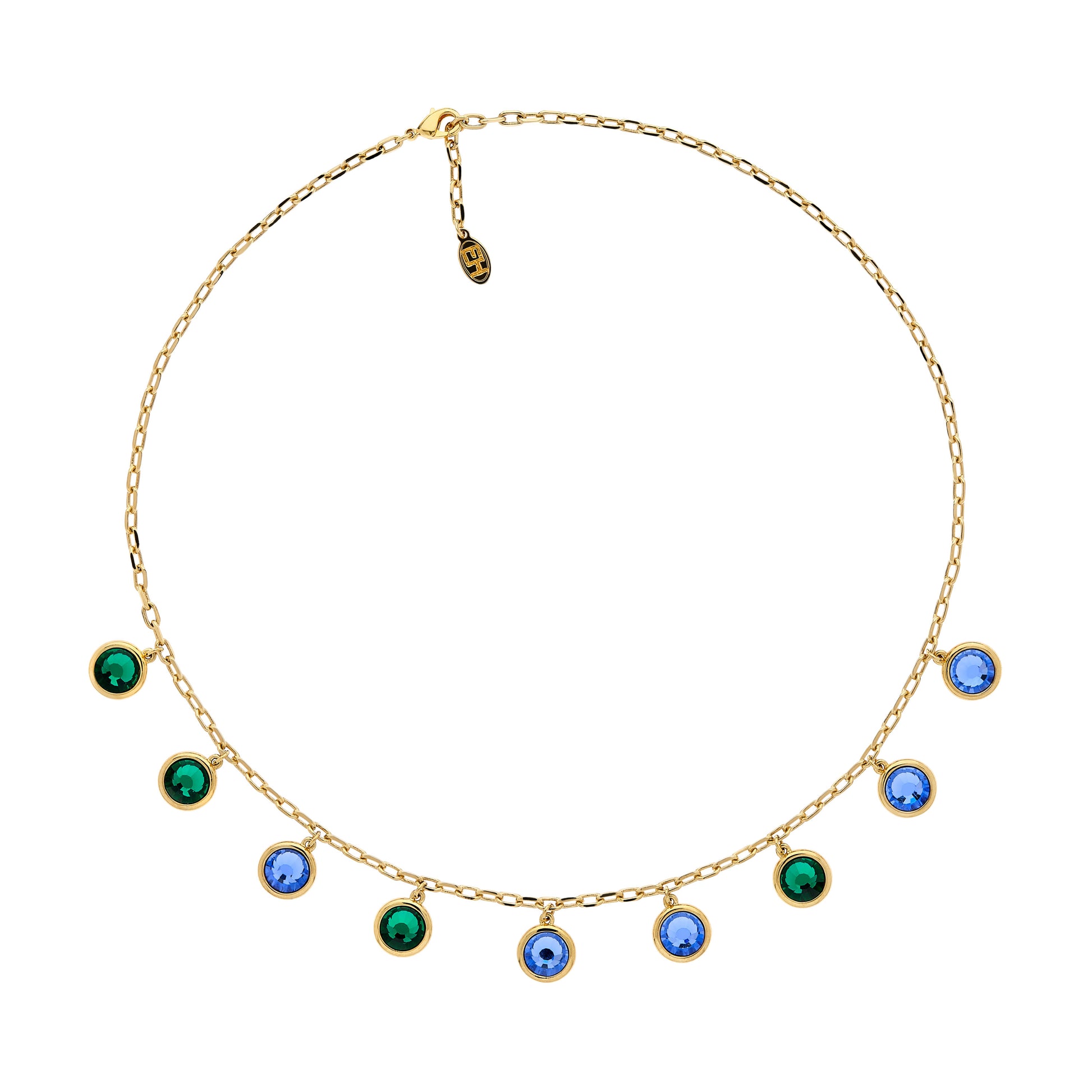 A gold-colored necklace with emerald and violet crystal pendants
